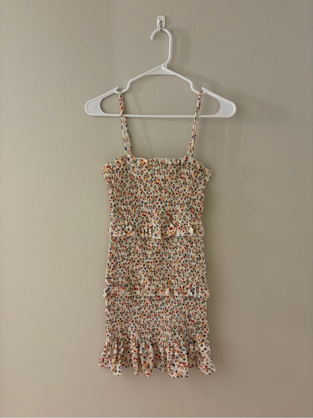 Smocked Floral Ruffle Mini Dress in Cream with Multi-Color Dots